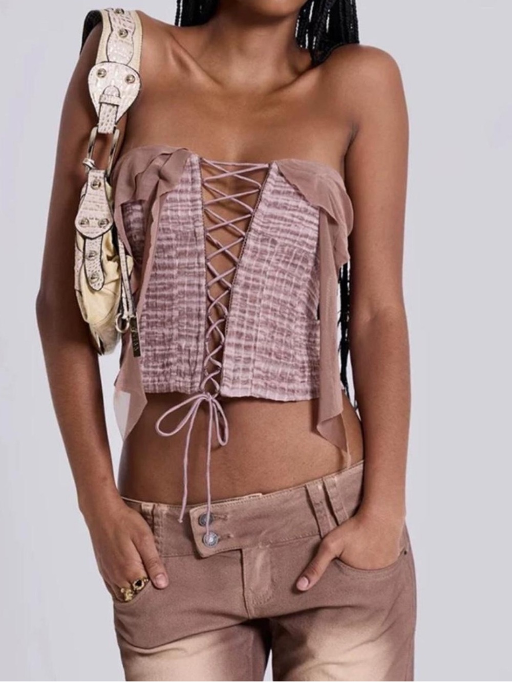 Jaded London Dusty Mauve Lace-Up Strapless Crop Top